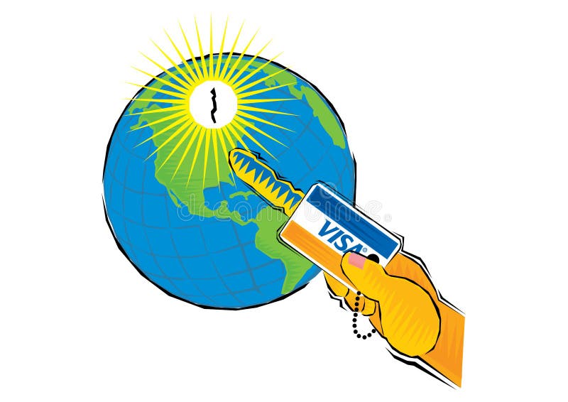 Hand die een creditcard houden als sleutel aan open Globale aardeplaneet stock illustratie Hand die een creditcard houden als sleutel aan open Globale aardeplaneet stock illustratie