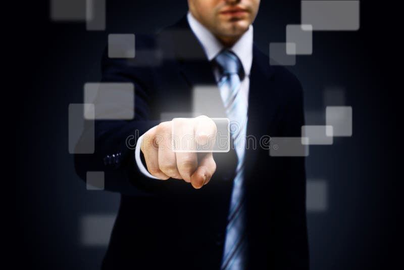 Hand die op een knop drukt stock afbeeldingen