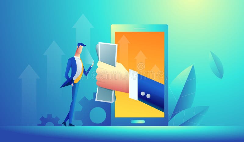 Hand die geld van een computer geven aan de jonge bedrijfsmens De moderne vlakke vectorillustratie van het stijlconcept vector illustratie Hand die geld van een computer geven aan de jonge bedrijfsmens De moderne vlakke vectorillustratie van het stijlconcept vector illustratie