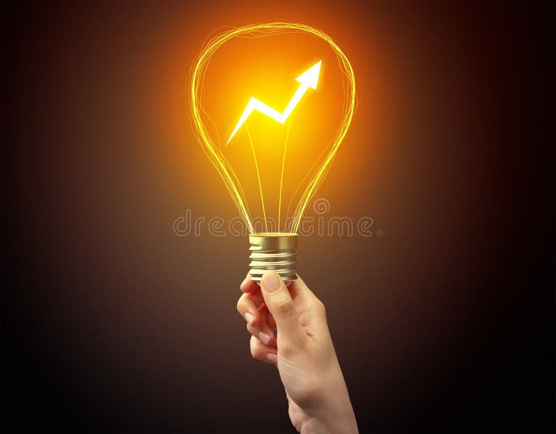 Hand die gloeilamp op donkere achtergrond houden stock illustratie