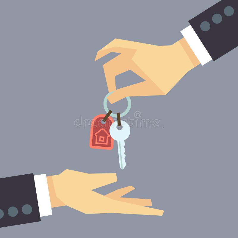 Hand die huissleutels geven vector onroerende goederen, het kopen huisconcept stock illustratie Hand die huissleutels geven vector onroerende goederen, het kopen huisconcept stock illustratie