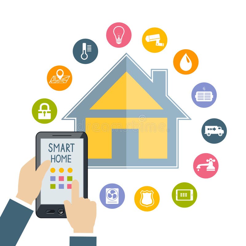 Hand die mobiele telefooncontroles houden slim huis vector illustratie Hand die mobiele telefooncontroles houden slim huis vector illustratie