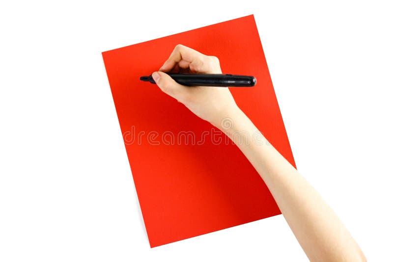 Hand die zwarte teller op rood document op een witte achtergrond houden Cl royalty-vrije stock fotografie Hand die zwarte teller op rood document op een witte achtergrond houden Cl royalty-vrije stock fotografie