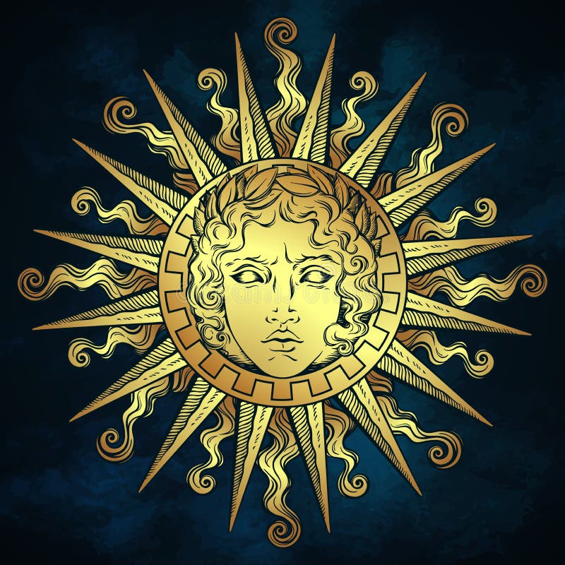 Hand dragen antik stilsol med framsidan av greken och den roman guden Apollo över bakgrund för blå himmel Pråligt tatuering- elle