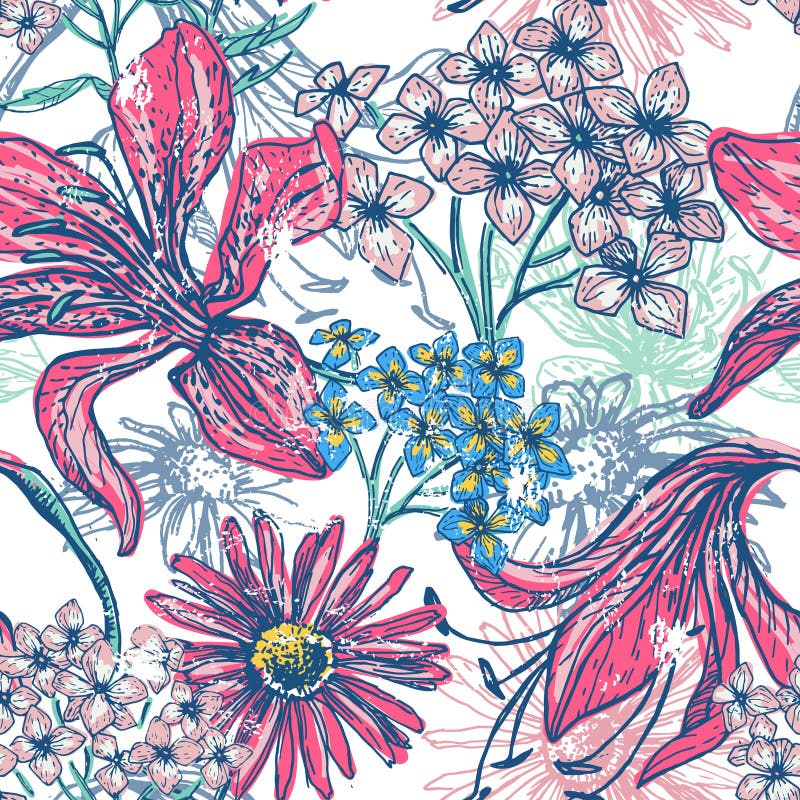 Hand dragen blom- sömlös modell för tappning stock illustrationer Hand dragen blom- sömlös modell för tappning stock illustrationer
