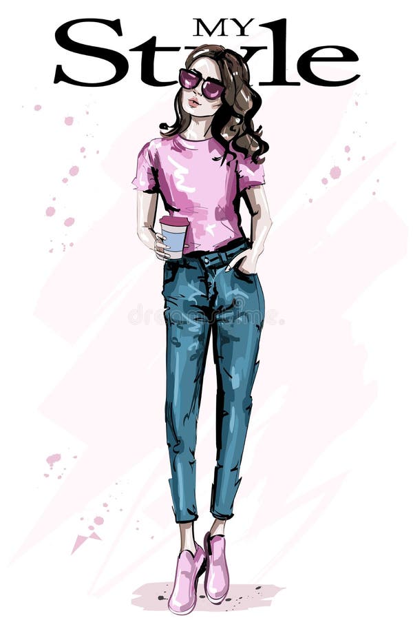 Hand dragen brun hårkvinna för härligt barn Stilfull elegant flicka Modekvinnadräkt royaltyfri illustrationer Hand dragen brun hårkvinna för härligt barn Stilfull elegant flicka Modekvinnadräkt royaltyfri illustrationer
