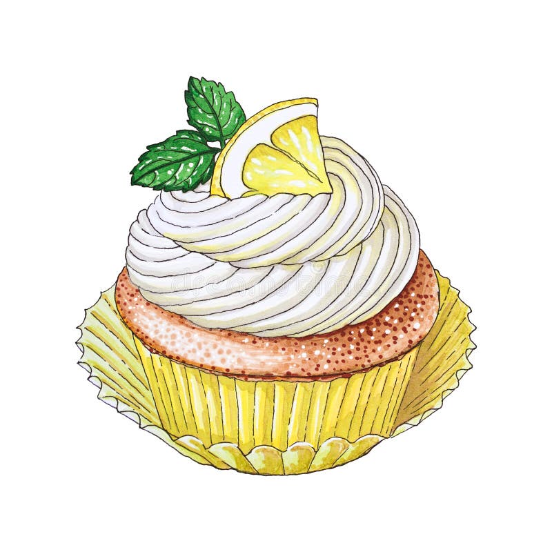 Hand-drawn Lemon Cupcake isolated on white background. Hand-drawn Lemon Cupcake isolated on white background