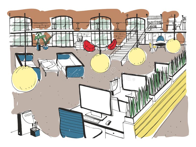 Hand dragen coworking klunga Modern kontorsinre, öppet utrymme workspace med datorer, bärbara datorer, belysning och stället stock illustrationer Hand dragen coworking klunga Modern kontorsinre, öppet utrymme workspace med datorer, bärbara datorer, belysning och stället stock illustrationer