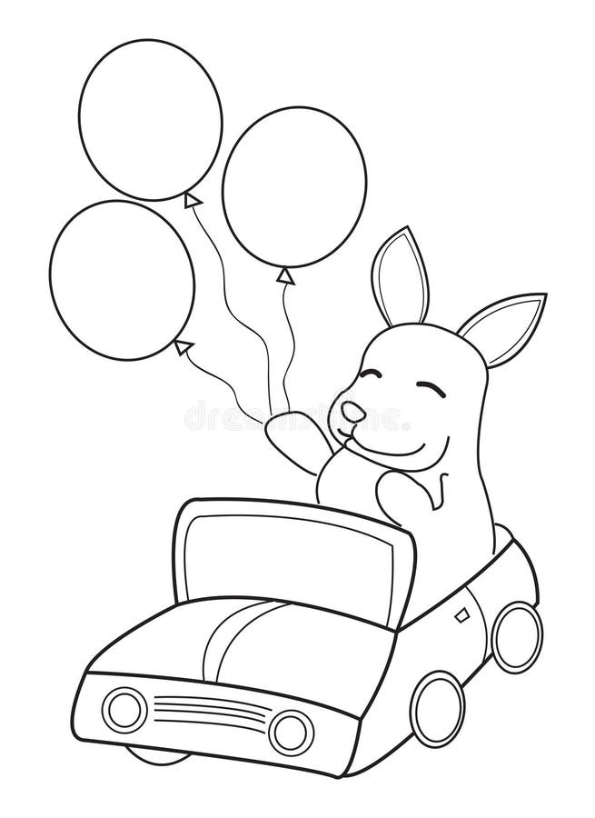 Hand dragen färgläggningsida av en kaninridning i en bil med ballonger vektor illustrationer Hand dragen färgläggningsida av en kaninridning i en bil med ballonger vektor illustrationer