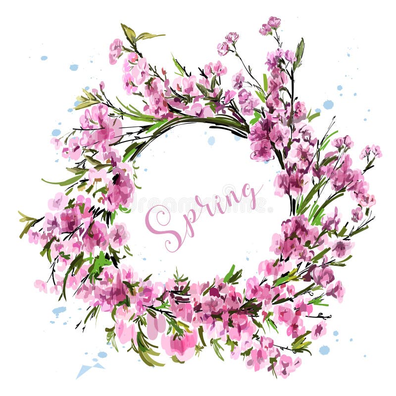 Hand dragen härlig blommakrans Körsbärsröda blomningar för gullig vår Stilfull sakura krans skissa royaltyfri illustrationer