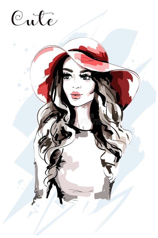 Hand dragen härlig kvinna i röd hatt fashion ladyen Stilfull ung kvinnastående