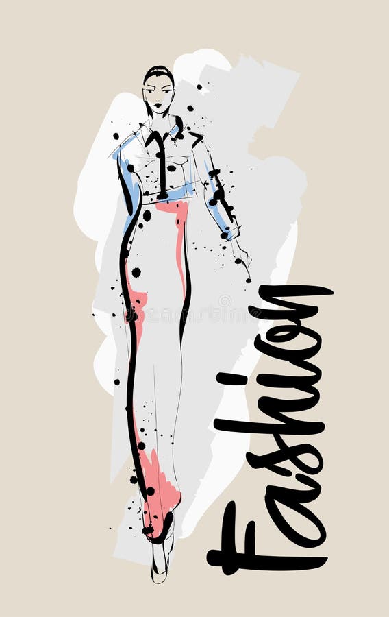 Hand dragen härlig ung kvinna stilfull flicka Modekvinnan skissar Modemodell Girl royaltyfri illustrationer