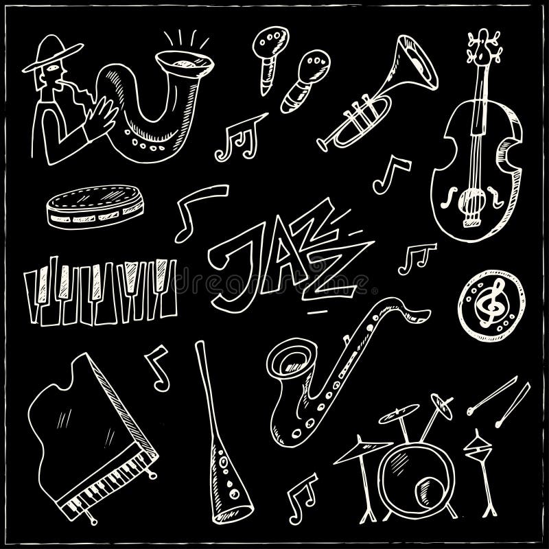 Hand dragen klotterjazzuppsättning stock illustrationer Hand dragen klotterjazzuppsättning stock illustrationer