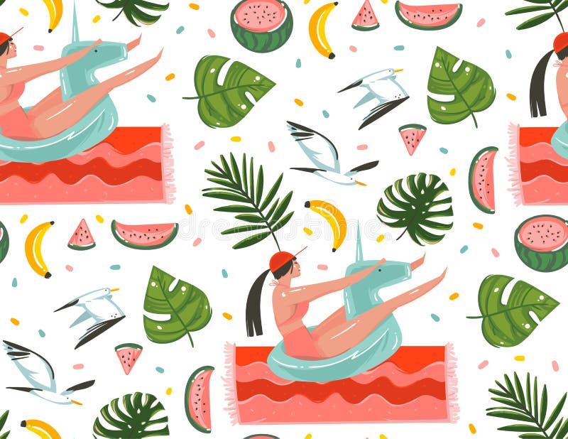 Hand dragen modell för grafiska illustrationer för tid för sommar för vektorabstrakt begrepptecknad film sömlös med den avslappna stock illustrationer