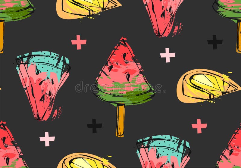 Hand dragen modell för tid för sommar för vektorabstrakt begrepp ovanlig sömlös med den vattenmelonskivan, icecream, citronen och royaltyfri illustrationer Hand dragen modell för tid för sommar för vektorabstrakt begrepp ovanlig sömlös med den vattenmelonskivan, icecream, citronen och royaltyfri illustrationer