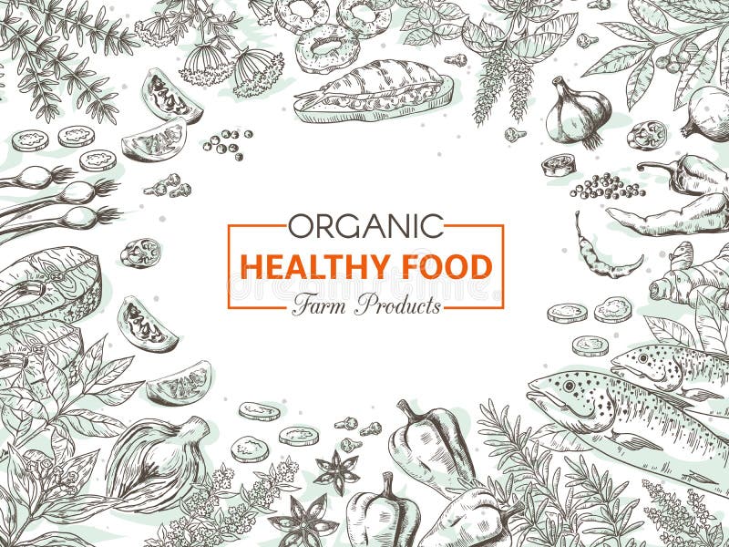 Hand dragen organisk mat Sunda grönsaker och kryddabakgrund, gourmet- fiskmenytappning skissar Vektormenydesign