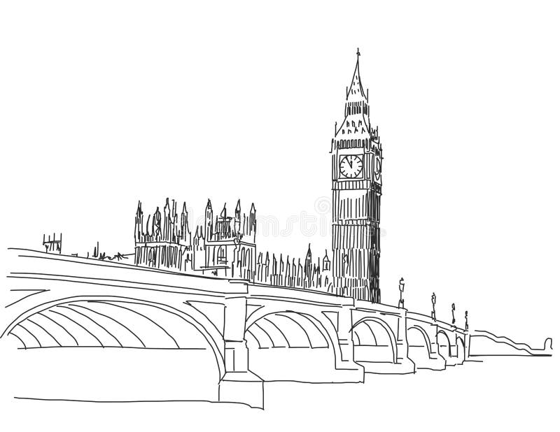 Hand dragen populär sikt Big Ben och Westminster broöversikt S stock illustrationer Hand dragen populär sikt Big Ben och Westminster broöversikt S stock illustrationer