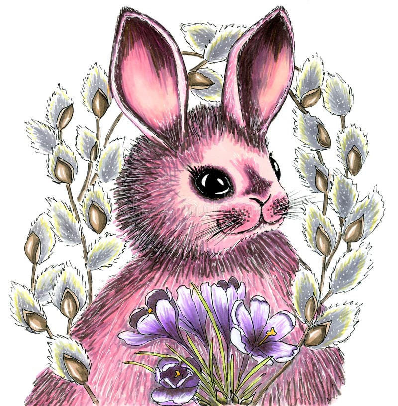 Hand-dragen påskkanin i en cirkel av ris av att blomma pilen och en bukett av krokusar Illustration f?r ferie stock illustrationer Hand-dragen påskkanin i en cirkel av ris av att blomma pilen och en bukett av krokusar Illustration f?r ferie stock illustrationer