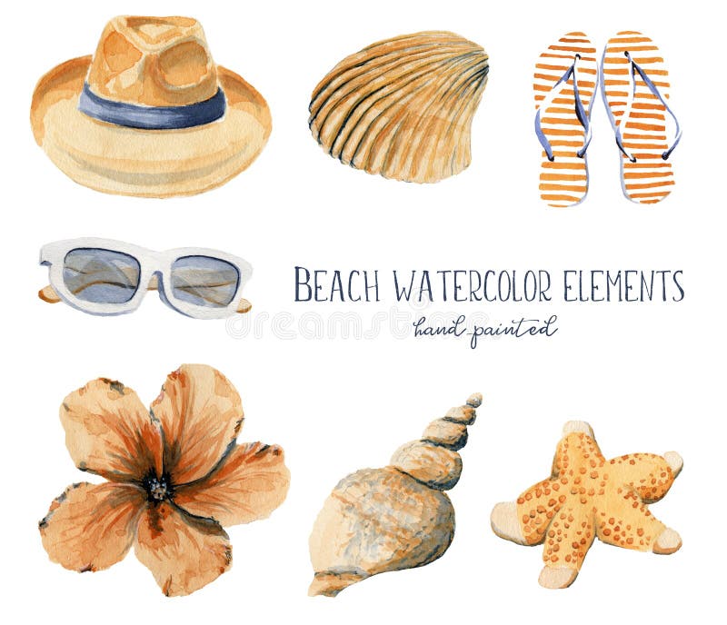 Hand dragen uppsättning för vattenfärgillustrationstrand av objekthatthav royaltyfri illustrationer Hand dragen uppsättning för vattenfärgillustrationstrand av objekthatthav royaltyfri illustrationer