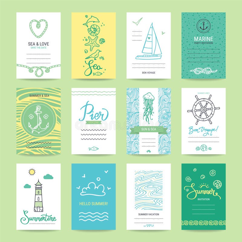 Hand dragit sommarkort, reklamblad, banersamling vektor illustrationer Hand dragit sommarkort, reklamblad, banersamling vektor illustrationer