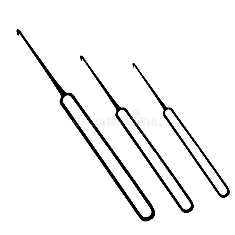 Hand-draw black vector illustration of set of metallic Crochet hooks tools isolated on a white background stock illustration