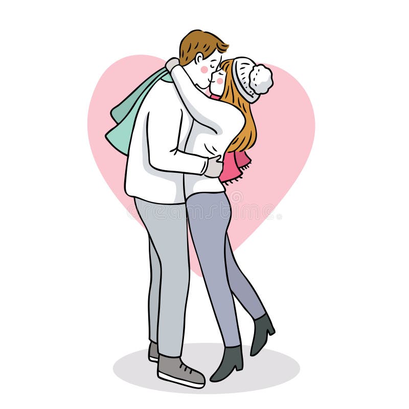 Hand Draw Cartoon Cute Merry Christmas, Couple Kissing Vector. Stock Vector  - Illustration of sweet, hand: 200012190