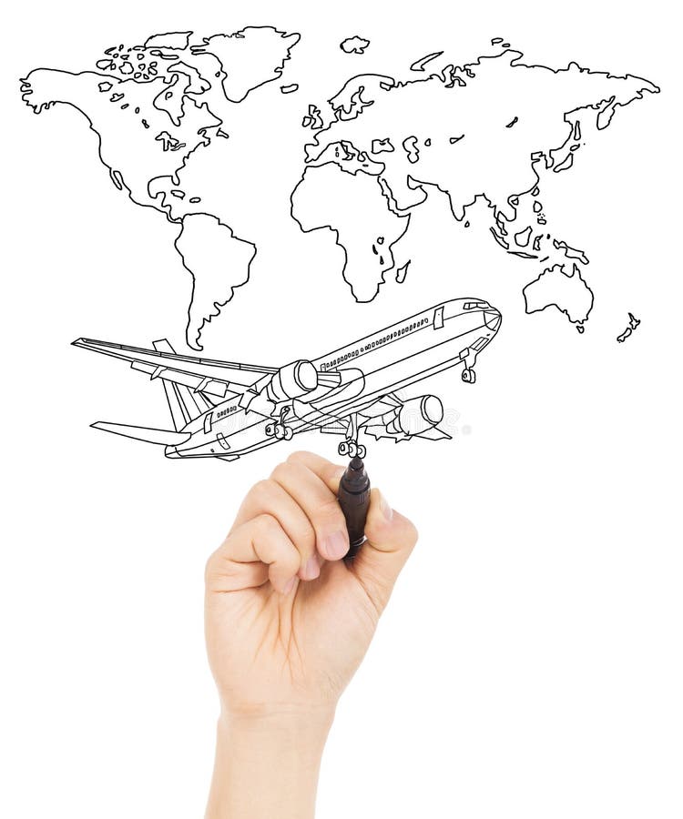 Hand draw a concept picture about world map and a airplane stock photo