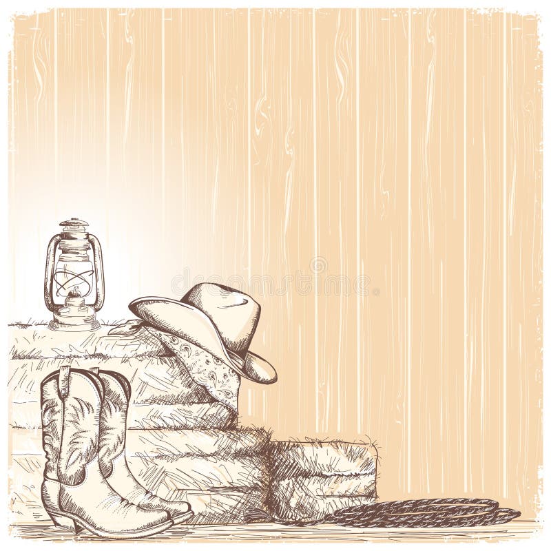 Hand draw cowboy background with western boots and west hat in r. Hand draw cowboy background with western boots and west hat and equipment for riding horses royalty free illustration Hand draw cowboy background with western boots and west hat in r. Hand draw cowboy background with western boots and west hat and equipment for riding horses royalty free illustration