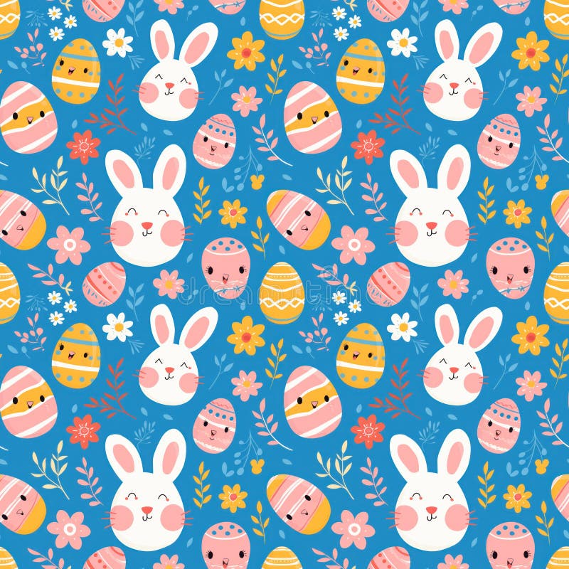 Hand Draw Easter Background with Colorful Eggs and Easter Bunnies