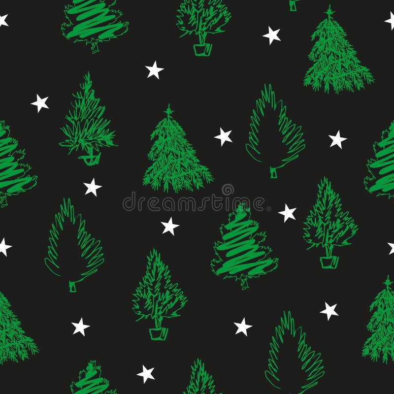 Hand draw green fir-trees and stars on black background. vector illustration Hand draw green fir-trees and stars on black background. vector illustration