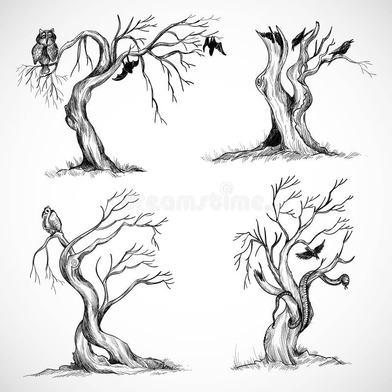 Hand Draw Halloween Tree Sketch Set Design Stock Illustration