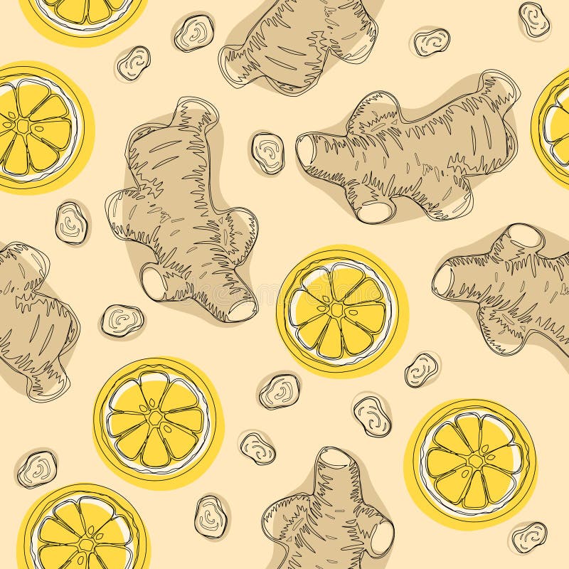 Hand draw ingredient for warming tea. Whole and sliced ginger roots with lemon. Vector seamless pattern