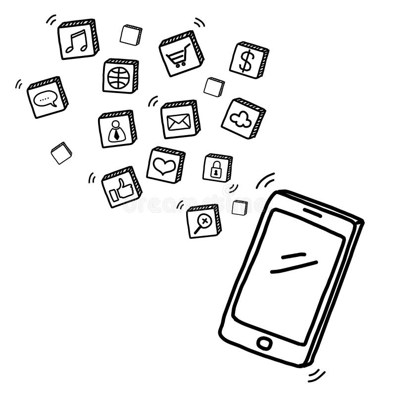 Hand Draw Mobile Phone with Social Media Stock Illustration