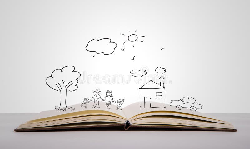 Hand draw in open book of lovely family on white background
