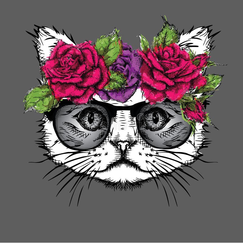 Download Hand Draw Portrait Of Cat Wearing A Wreath Of Flowers ...