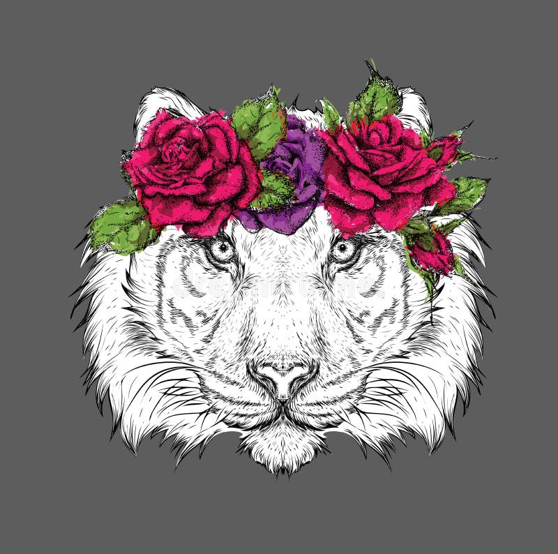Hand Draw Portrait of Tiger Wearing a Wreath of Flowers. Vector ...