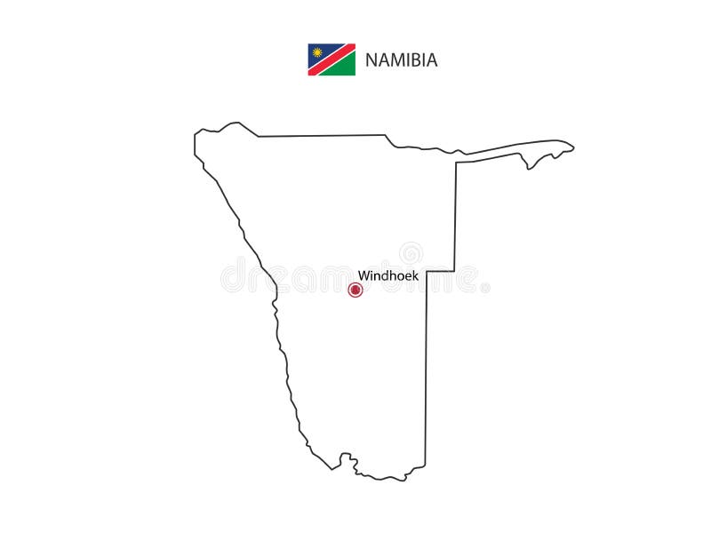 Hand Draw Thin Black Line Vector of Namibia Map with Capital City
