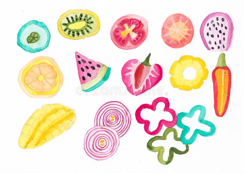 Hand Draw Watercolor of Slice Fruit and Vegetable Illustration Stock