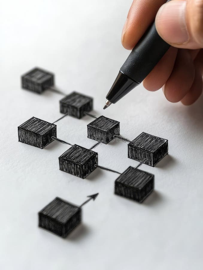Hand drawing blockchain network diagram with a pen. royalty free stock image