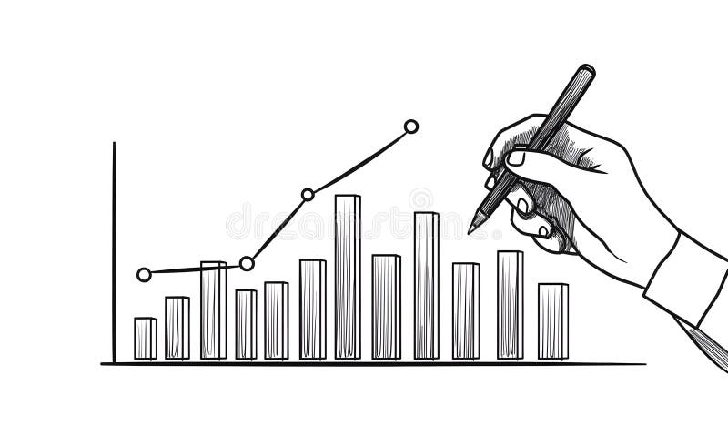 Hand Drawing Business Chart with Line Graph Showing Growth Bar Graph Analysis royalty free illustration