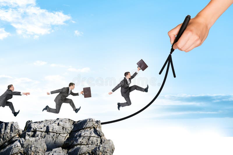 Hand drawing businessman running on arrow stock photography