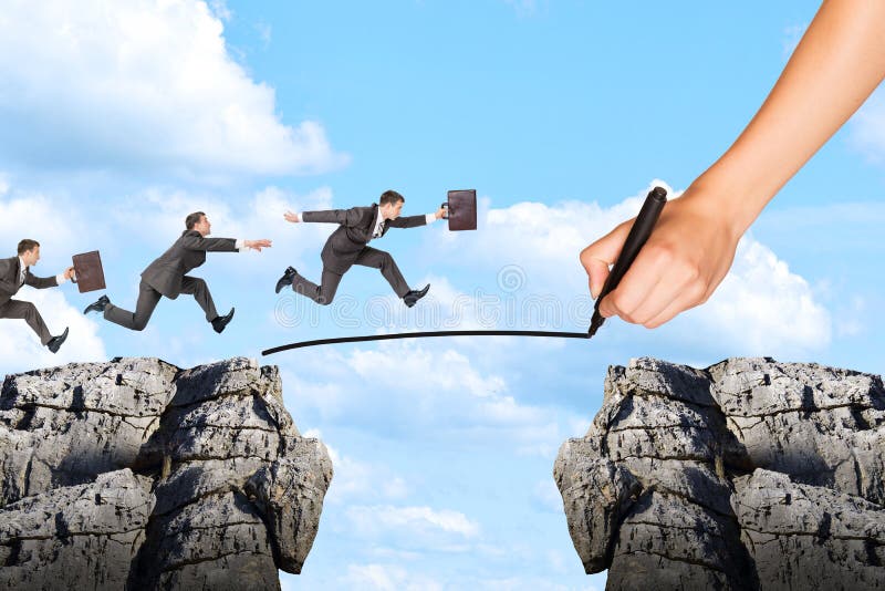 Hand drawing businessman running on rope and rock royalty free stock photography