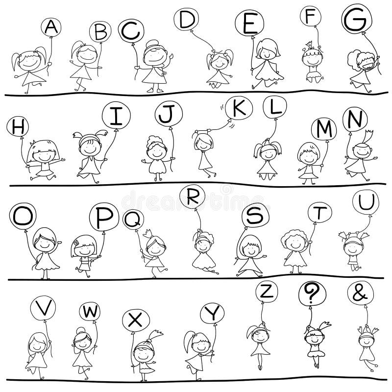 Hand drawing cartoon happiness alphabet