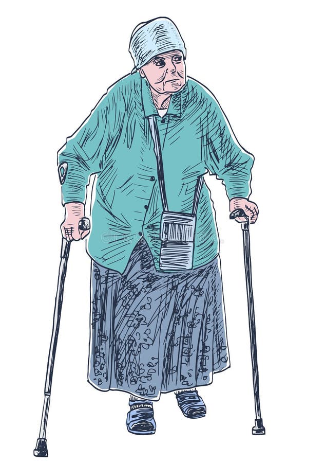 Hand Drawing of Casual Old Woman with Walking Canes Strolling Outdoors