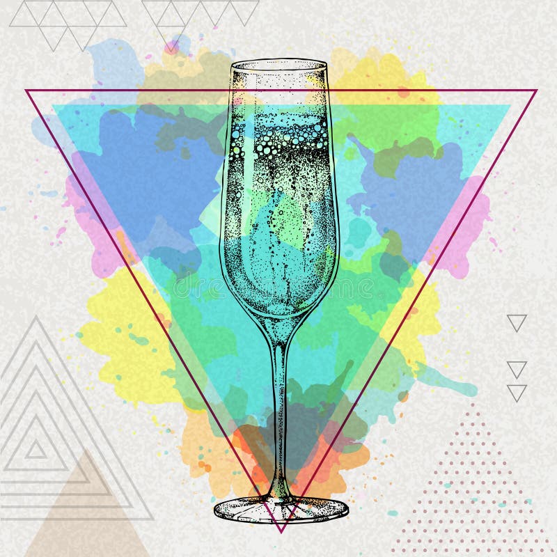 Hand Drawing Champagne Glass Illustration On Artistic Polygon