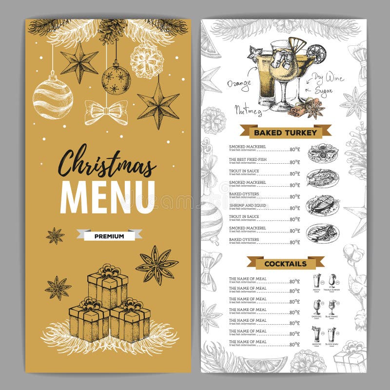 Hand Drawing Christmas Holiday Menu Design. Stock Vector Illustration