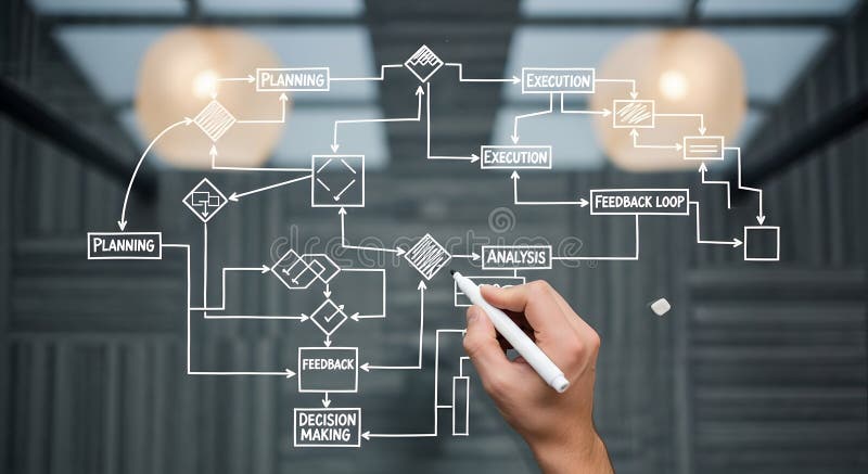 Hand drawing intricate process flow diagram. Planning execution feedback loop analysis decision making. Visualizing complex workflows. Business strategy development. Conceptualizing efficient operational models. Optimizing organizational processes. Strategic management blueprint. Drawing feedback illustrations
