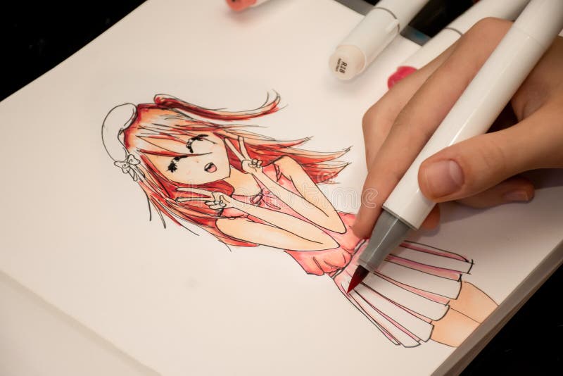 Hand Drawing a Cute Girl Anime Style Sketch with Alcohol Based Sketch Drawing  Markers Stock Photo - Image of education, paper: 209951638
