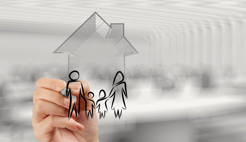 Hand drawing 3d house with family icon as insurance concept