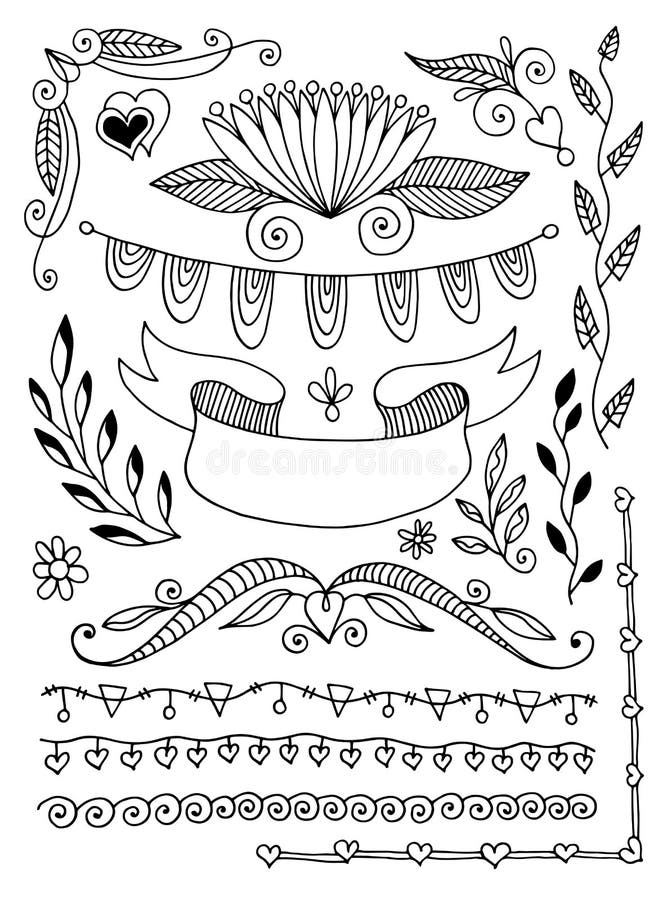 Hand Drawing Doodle Page Decoration, Set of Vintage Elements Stock